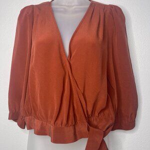 Madewell Rust 3/4 Sleeve 100% Silk Wrap Blouse V-Neck Tie Waist Detail SZ M